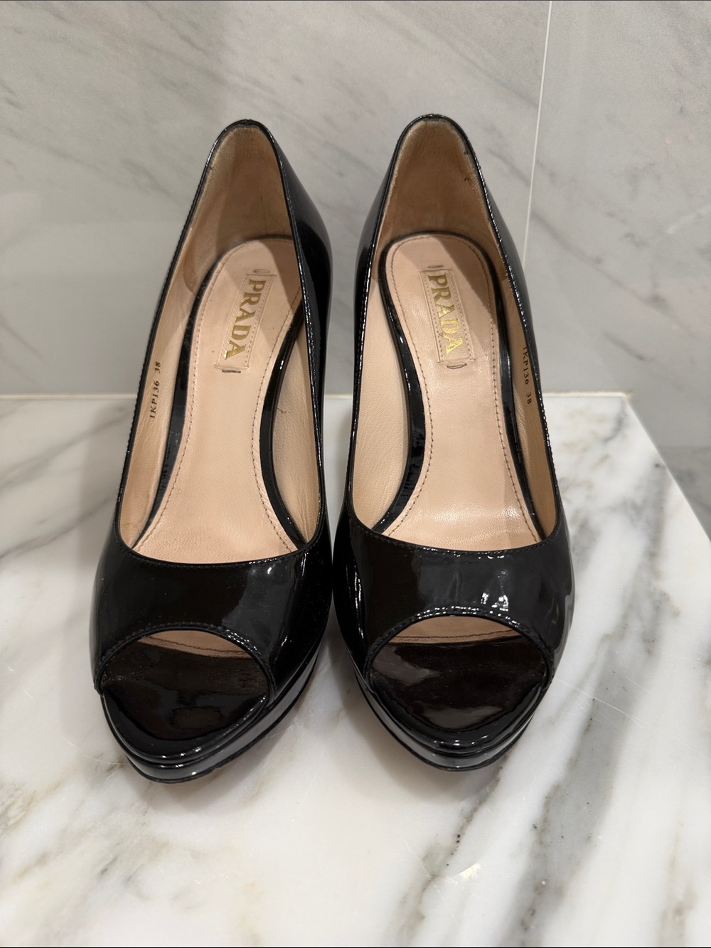 Prada Black Patent Leather Peep-Toe Heels